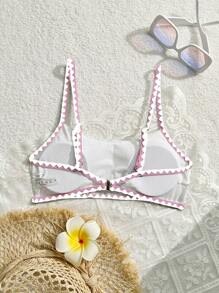 SHEIN Swim Women's Summer Beach Jacquard Contrast Trim Spaghetti Strap Bikini Top - Pink - View 2