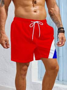 Manfinity Swimmode Men's Drawstring Striped Color Block Pocket Loose Comfortable Fashion Swim Trunk