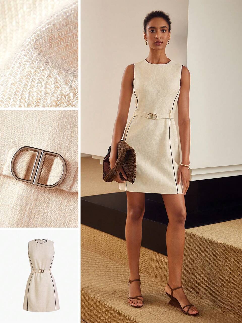 LINEN CONTRAST PIPING BELTED DRESS,SUMMER OUTFITS, OLD MONEY