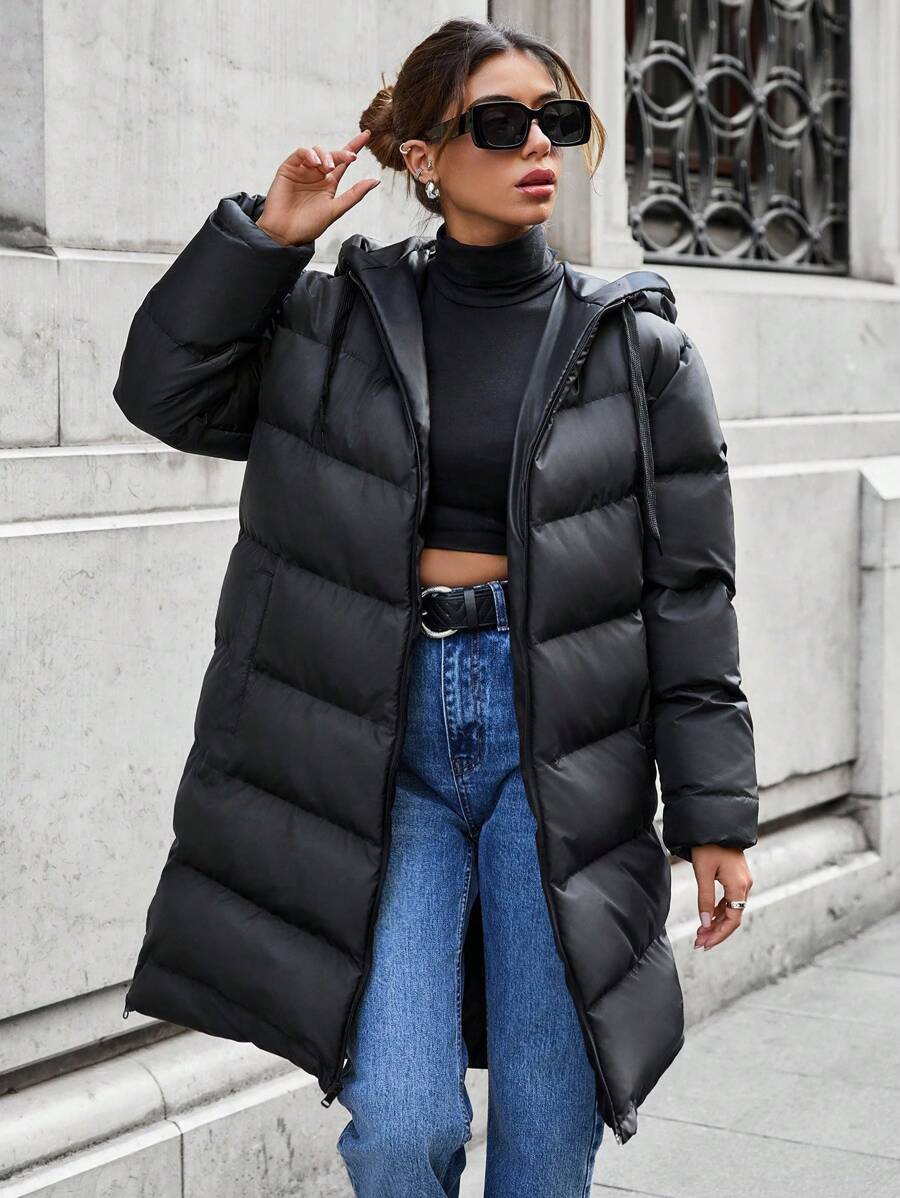 EURMUSE Lonk Line Puffer Down Coat Jacket, Side Zip Detailed, Hooded, Waterprof - Black - View 1