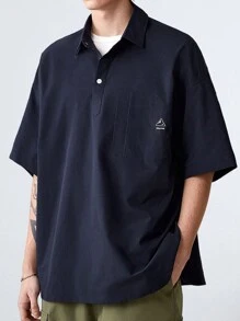 Manfinity VCAY 男士POLO領織短袖休閒襯衫和短褲套裝，夏季 - 藏蓝色 - 查看 2