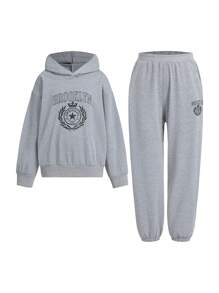 SHEIN Conjunto de 2 piezas: Sudadera holgada de manga larga impresa y Pantalones deportivos casuales con puños elásticos para correr, hip-hop, danza y otros deportes de niña con estilo y versatilidad para primavera y otoño