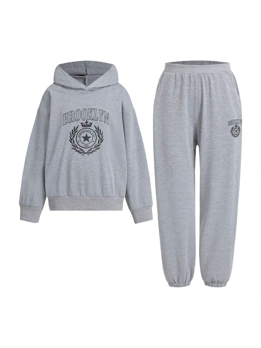 SHEIN Conjunto de 2 piezas: Sudadera holgada de manga larga impresa y Pantalones deportivos casuales con puños elásticos para correr, hip-hop, danza y otros deportes de niña con estilo y versatilidad para primavera y otoño