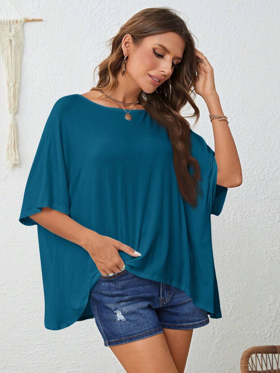 EMERY ROSE Women's Holiday Casual Solid Color Batwing Sleeve T-Shirt - Teal Blue - View 1