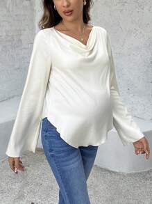 SHEIN Maternity Spring/Summer Casual Solid Color Draped Neck Flare Sleeve Shirt - Apricot - View 1