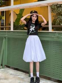 SHEIN 2 Stücke Set aus engem kurzen T-Shirt und Bud Rock für Teenager Mädchen, Schleifenmuster, Sommer