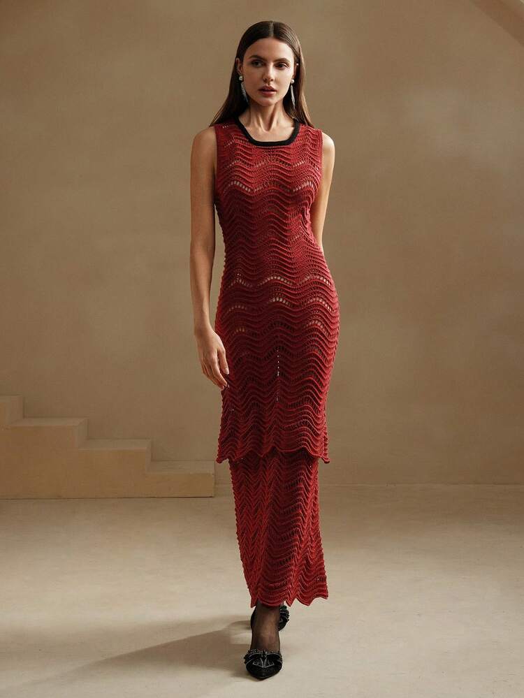Bodycon Wave-Shaped Sleeveless Knitted Cake Dress, Slim And Flattering
