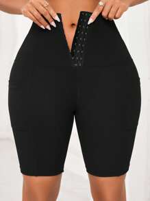 SHEIN Lady Plus Size Women's Slim Fit Trousers With Button Fastening, Summer Basics - Black - View 1