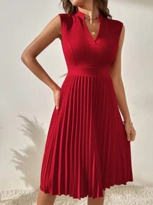 SHEIN Clasi Notched Neck Pleated Hem Dress - Red - View 3