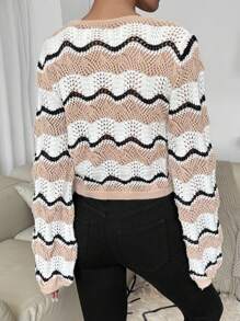 SHEIN LUNE Women's Round Neck Long Sleeve Cropped Hollow Out Sweater, Casual Daily Wear, Knit Pullover Fall Winter - Multicolor - View 2