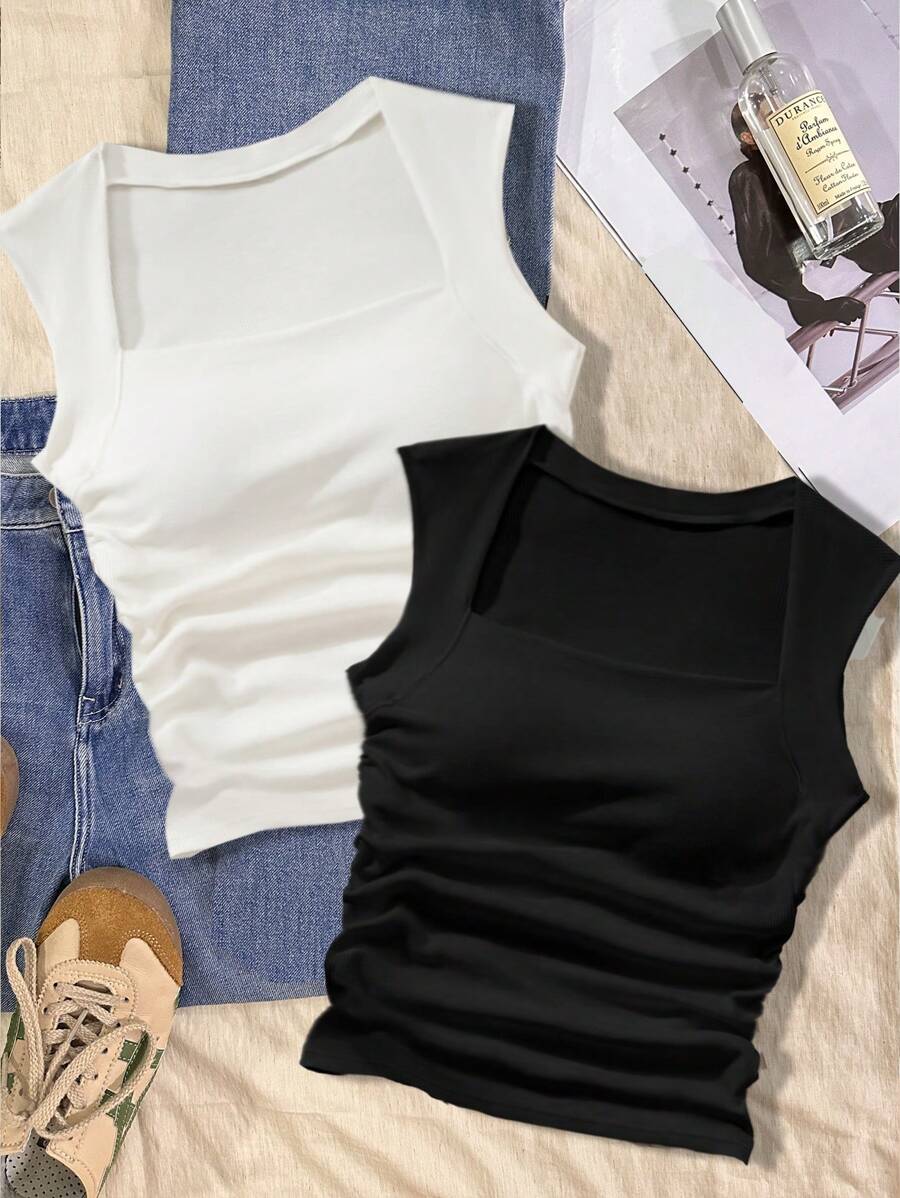 SHEIN EZwear 2 chiếc áo thun nữ đơn giản thường ngày có đệm ngực Xuân/Hè Áo ba lỗ cơ bản - trắng - Xem 1