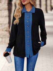 EMERY ROSE Women's Spring/Autumn Casual Contrast Color Knitted Cardigan - Black - View 3