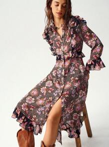 Bohemela Western Vacation Floral Pattern Women's Midi Dress - Multicolor - View 1