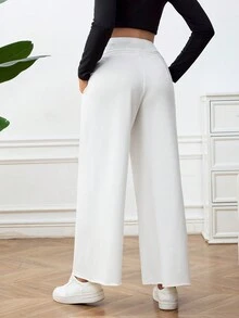 SHEIN Maternity Solid Color Wide Leg Pants, Super High Waist Adjustable Elastic Waistband, Loose & Long, Suitable For Slouchy & Casual, Spring & Summer - White - View 2
