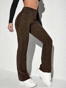 SHEIN MOOSTA Casual Solid Color Corduroy Pants, Versatile Fall Cloth For Women