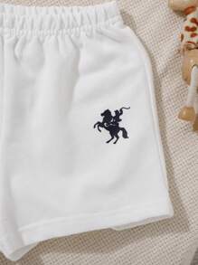 SHEIN Baby Jungen/Mädchen College Stil niedlicher gestrickter Cartoon Farbblock Polo Kurzarm Top und Shorts Set, geeignet für den Sommer