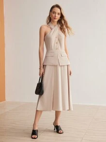 MOTF PREMIUM SOLID PEPLUM WAIST FOLD PLEATED HEM 2 IN 1 CRISSCROSS HALTER DRESS