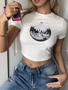 SHEIN EZwear 休闲简约迪斯科球图案圆领短袖短款修身女式 T 恤，棉混纺 - 白色 - 查看 3