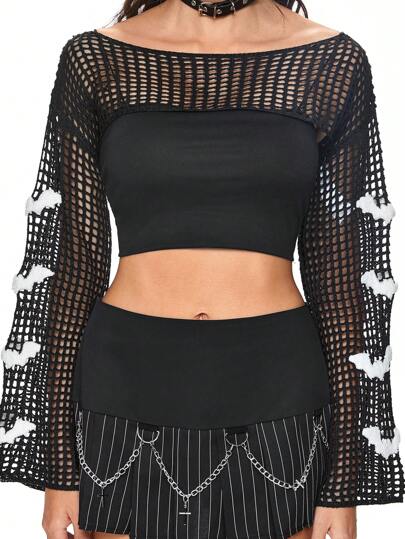 Goth Gothic Dark Academy Hollow Out Mesh See-Through Bat Embroidery Cropped Flare Sleeve Sweater