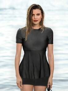 SHEIN Swim Women's Surfing Short Sleeve Round Neck Top And Slim-Fit Outdoor Sports Shorts - Black - View 5
