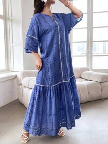 Al Najma Vestido modesto de manga larga para verano con dobladillo de volantes bordados de ojal