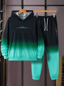 2pcs/Set Teen Boys' Casual Gradient Printed Hoodie And Sweatpants Outfit, School, Campus, College Chic Outfits For Autumn/Winter