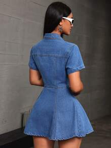 SHEIN EZwear Women's Summer Short Sleeve Single-Breasted Casual Short Denim Dress - Blue - View 5
