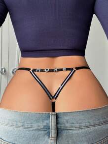 Solid Ring Linked Cut Out Thong - Black - View 2