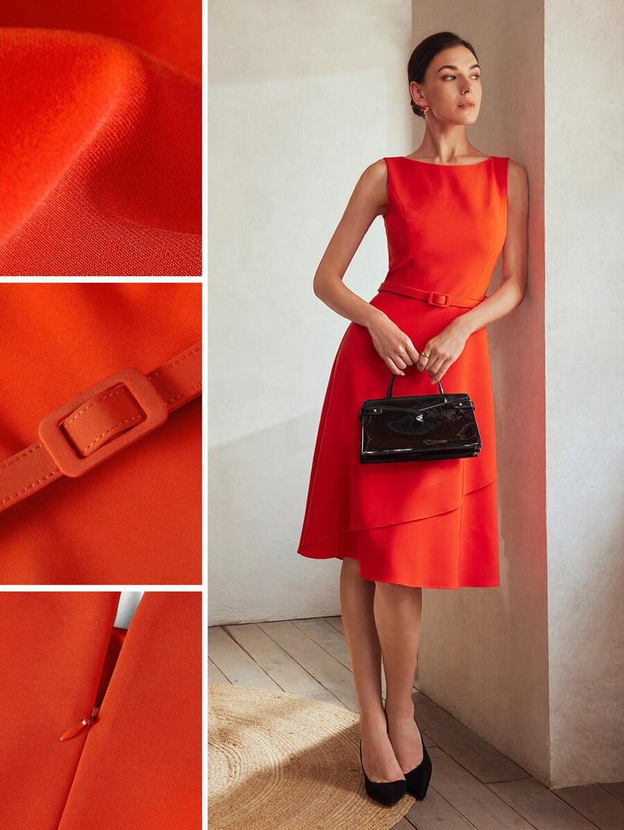 MOTF Classy SOLID FLOWY HEM BUCKLE BELTED DRESS,SUMMER OUTFITS - Red - View 1