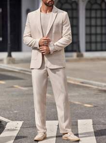 Manfinity VCAY Conjunto de 2 piezas de traje entallado para hombre tejido, que incluye chaqueta de 2 botones y pantalones rectos, adecuado para la primavera/verano - Albaricoque - Ver 4