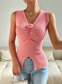 SHEIN LUNE Women's Solid Color 3D Flower Sleeveless Pleated Knitted Top, Daily Casual - Pink - View 1