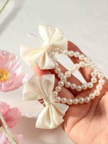 SHEIN 新生女嬰拍照道具配件 珍珠蝴蝶結鞋飾 秋季裝飾 - 米色 - 查看 3
