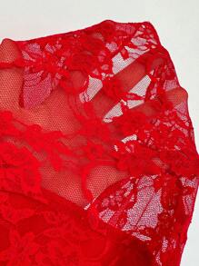 SHEIN EZwear 褶皺胸圍蕾絲背心 - 紅色 - 查看 3