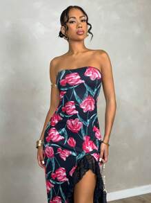 Glamine Stretchiges Blumendamenkleid ohne Träger, sexy und elegant mit Spitzenbesatz, ideal für ein Date-Night