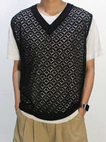 DAZY Men's Summer Solid Color Knitted Vest , Black - Black - View 3