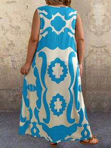 EMERY ROSE 大尺碼女士假期休閒印花開衫領無袖長款連身裙，帶空洞和口袋 - 藍色 - 查看 2