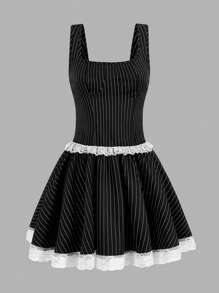 SHEIN Unity 女性夏季條紋撞色蕾絲口袋無袖裙 - 黑色 - 查看 1