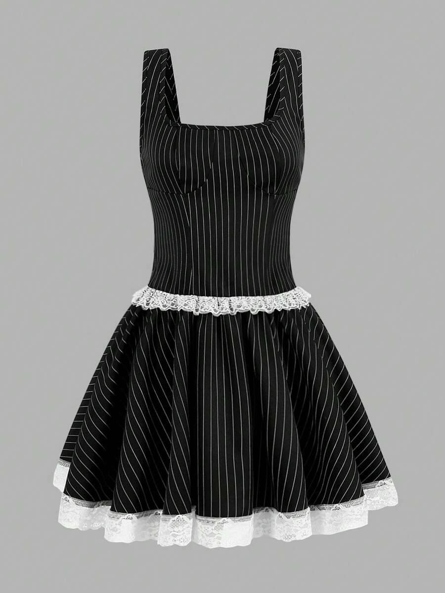 SHEIN Unity 女性夏季條紋撞色蕾絲口袋無袖裙 - 黑色 - 查看 1
