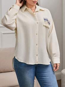 RueChic Plus Women's Blouse With Tassels And Tribe Print - White - View 6