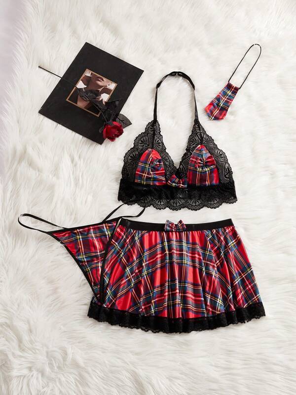 Fantasy Costume Set de lenjerie întinsă cu dantelă clasică de mărime Plus, 4 buc