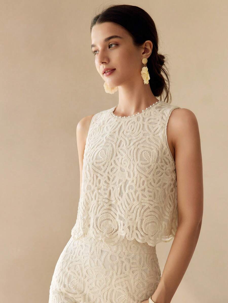 MOTF PREMIUM ÁO BA LỒNG THÊU LƯỚI CẮT LƯNG KẾT HỢP NGỌC TRAI CHO NỮ