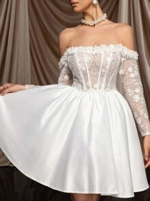 SHEIN Belle Gorgeous, Elegant, Noble, And Lovely White Off Shoulder See-Through Long Sleeve Dress, Lace & Satin Patchwork Boned A-Line Dress, Suitable For Bachelorette Party, Wedding, Graduation Season & Holiday, Great Gift For The Bride-To-Be Or Formal Occasions Bridal Dress, Bridal Shower Dress White Dress - White - View 2