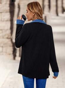 EMERY ROSE Women's Spring/Autumn Casual Contrast Color Knitted Cardigan - Black - View 2