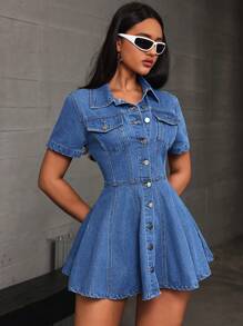 SHEIN EZwear Women's Summer Short Sleeve Single-Breasted Casual Short Denim Dress - Blue - View 3