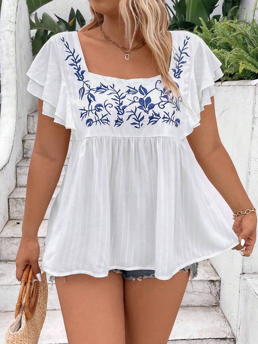 Breezaya 大码方形领口印花荷叶边下摆度假衬衫荷叶边上衣 - 白色 - 查看 1