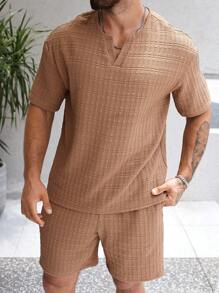 Manfinity Homme Set di maglia a maniche corte con scollo a V e pantaloncini in tessuto estivo da uomo