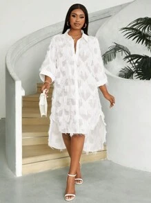 Maweii Plus Size Women's Short Sleeve Simple Daily Dress With Frayed Edges Embellishments - White - View 3