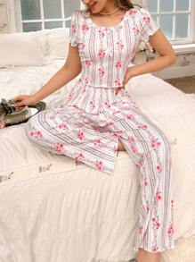Women Striped Floral Printed Short Sleeve Top And Long Pants Pajama Set White Set - White - View 1