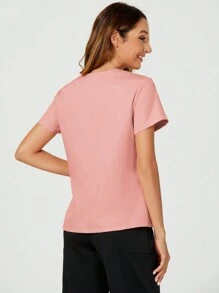 TaskEZ Solid Color V-Neck Casual Short-Sleeved Uniform Scrub Top For Summer - Pink - View 2