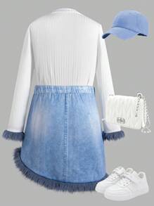 Conjunto de falda de plumas asimétrica y top de rayas de manga larga de 2 piezas para niñas (grandes), ideal para viajes diarios/elegantes/todo terreno. - Multicolor - Ver 2